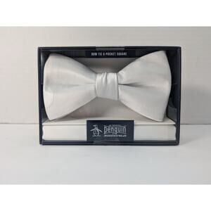 Original Penguin Bow Tie & Pocket Square Set Choice of White or Plum / Eggplant
